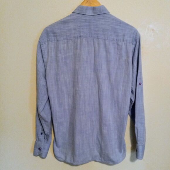 Via Uomo Button Front Shirt-Large-Reversible Cuffs-Roll Tab Sleeve-Contrast Trim - Picture 7 of 12